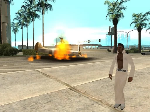 The sprawling world of San Andreas, where deranged AI planes can drop out of the sky and pancake into a building at any moment.