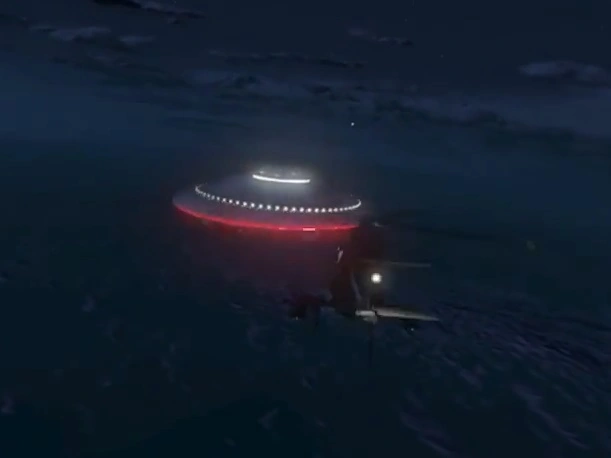 یوفوی FIB که بعد از ۱۰۰٪ کردن بازی بالای مجسمه Beam Me Up تو Sandy Shores معلق شده — نزدیکش نشو اگه چتر نجات داری، یهو پرتت می‌کنه!