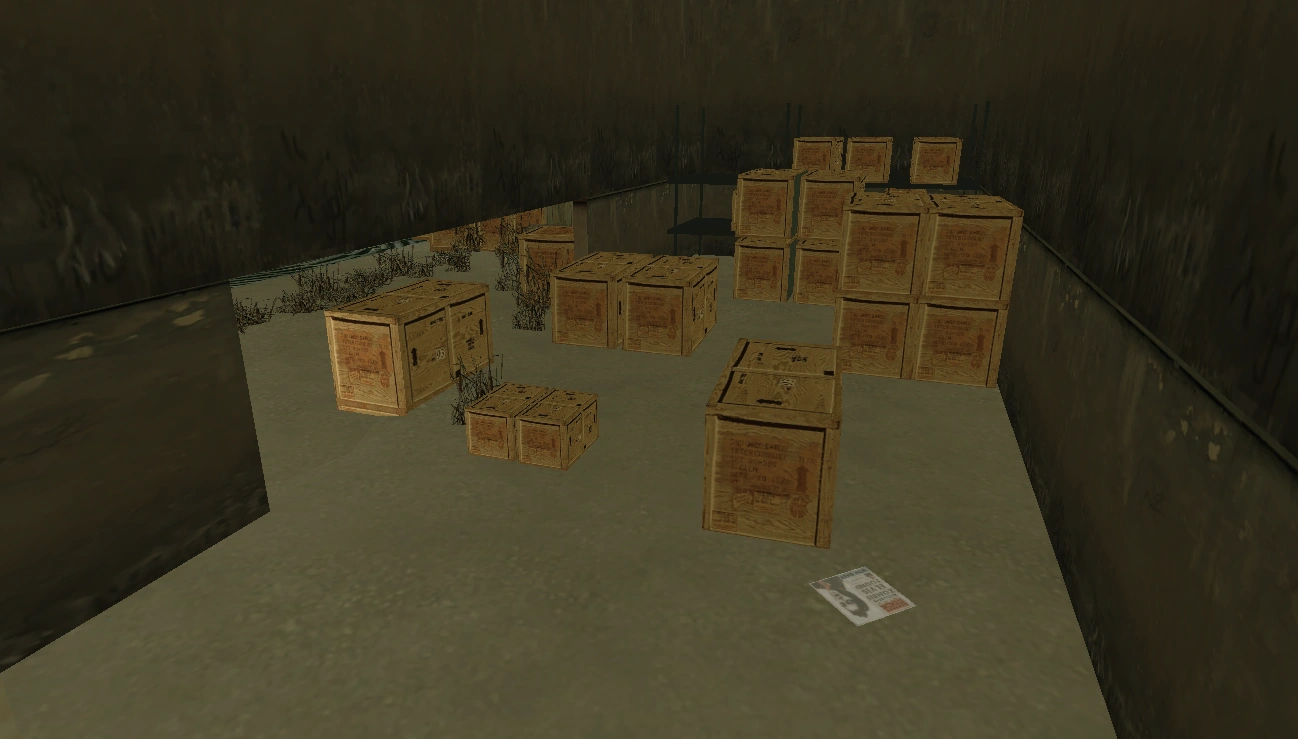 Inside the dock storeroom — the starting point that eventually leads to the debug Ghost World zone.